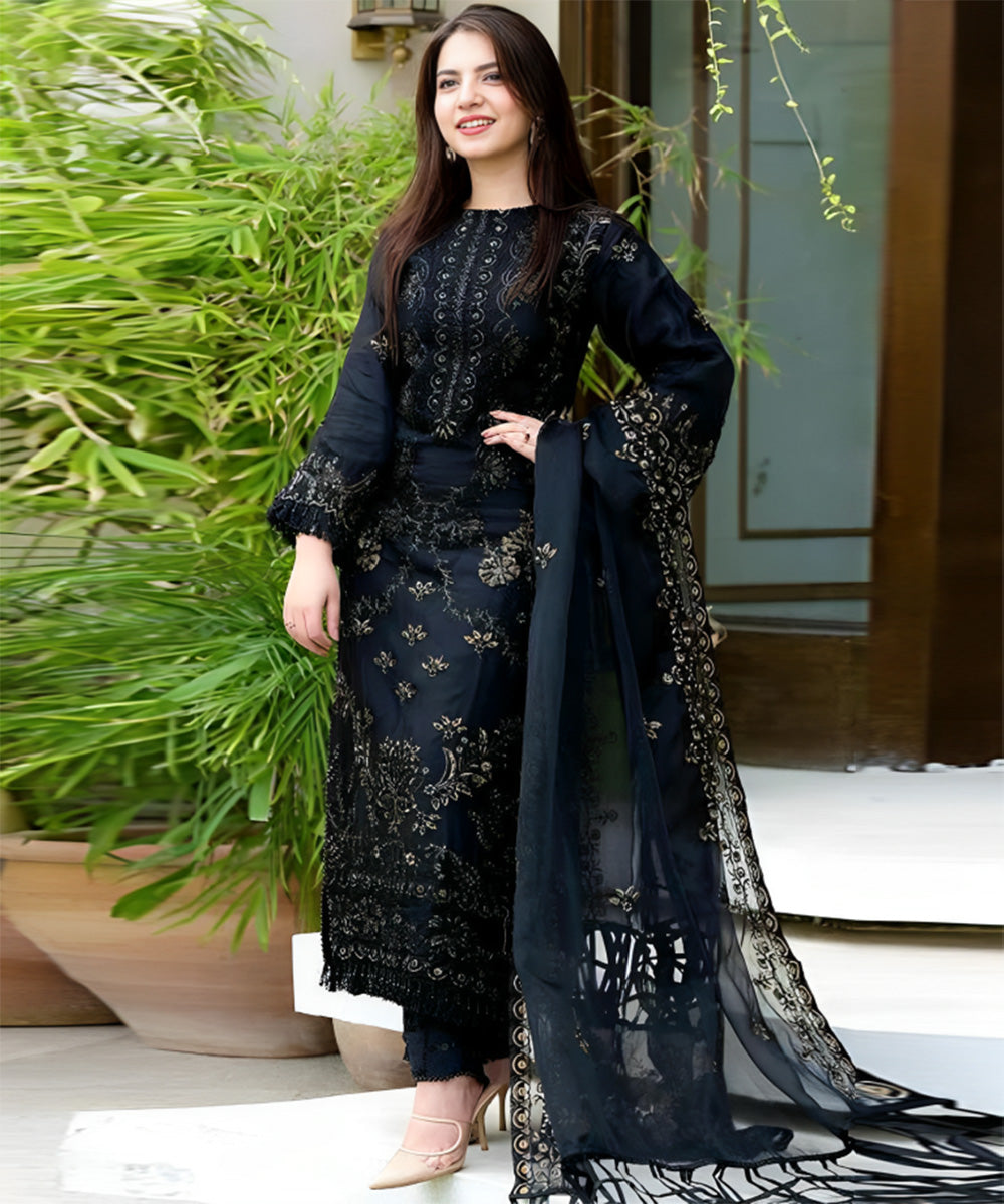 Dhanak Black Embroidered 3PC Suit – Premium Festive Collection AJS-2124