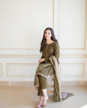 Dark Olive Dhanak Heavy 3pc Emboidery SM-1025