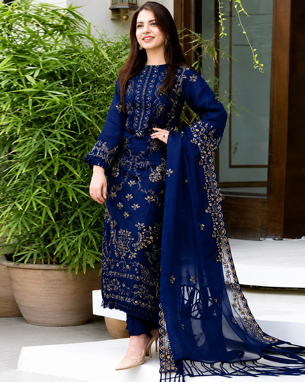 Dhanak Nave Blue Embroidered 3PC Suit – Premium Festive Collection AJS-2125