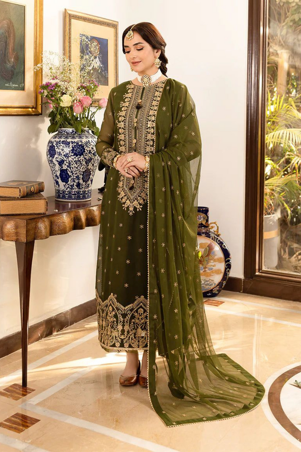 EMBROIDERED 3PC SILK  DRESS WITH CHIFFON EMBROIDERED DUPATTA  IR5027