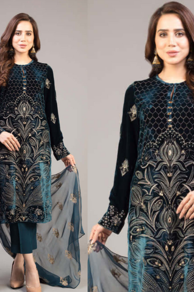 EMBROIDERED 3PC LAWN EMBROIDERED DRESS WITH CHIFFON EMBROIDERED DUPATTA  IR-111