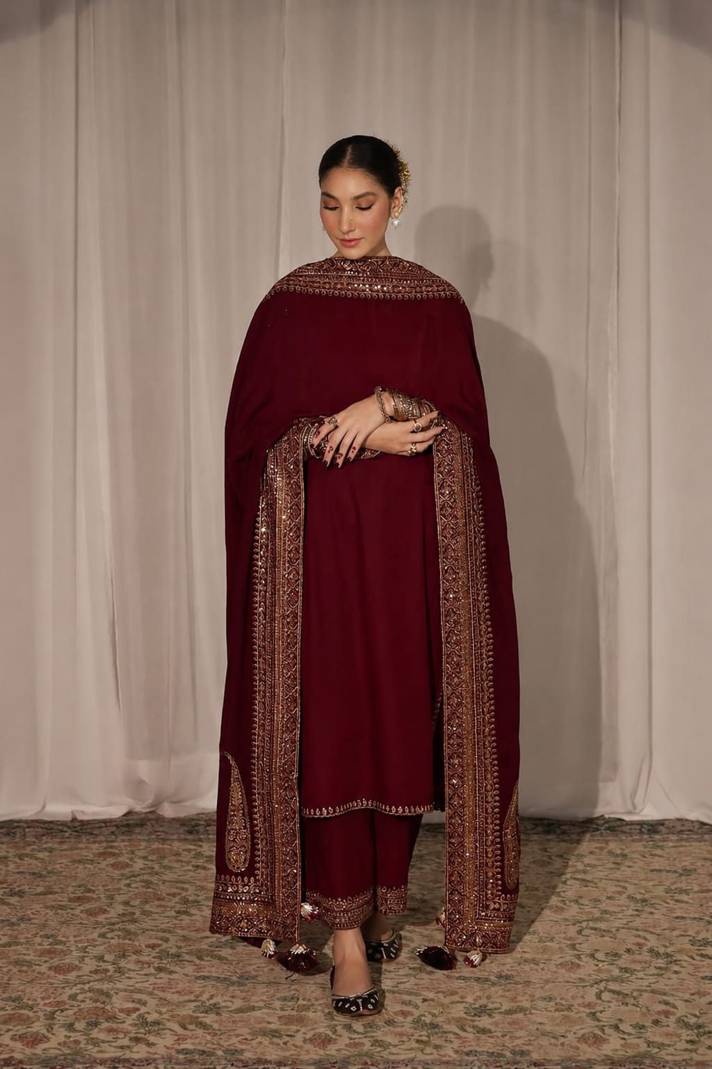 ROYAL CHARM EMB 3PC SUIT AJS-001002 MEHROON
